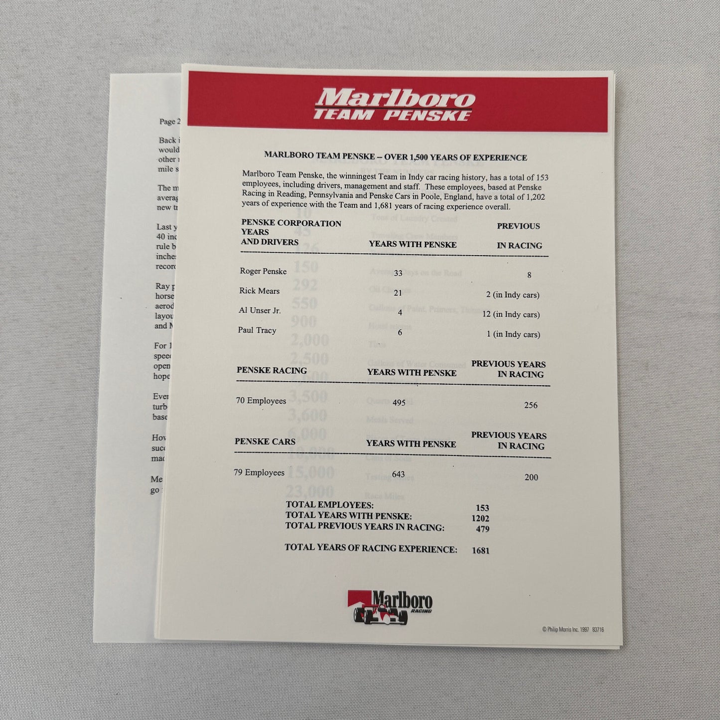 1997 CART Marlboro Team Penske Racing Press Kit Paul Tracy Al Unser Jr