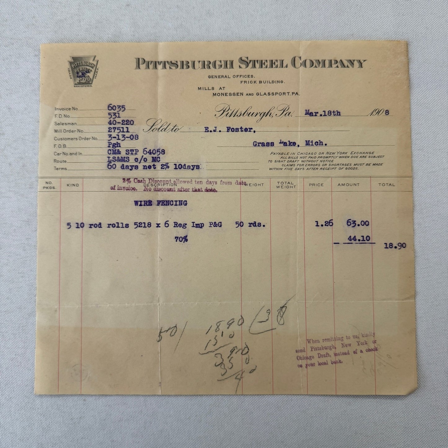 Pittsburgh Steel Company Receipt Invoice Document Letterhead 1908 Vintage