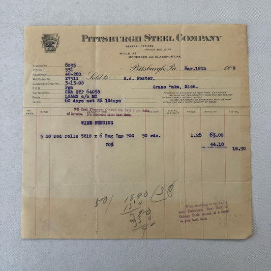 Pittsburgh Steel Company Receipt Invoice Document Letterhead 1908 Vintage