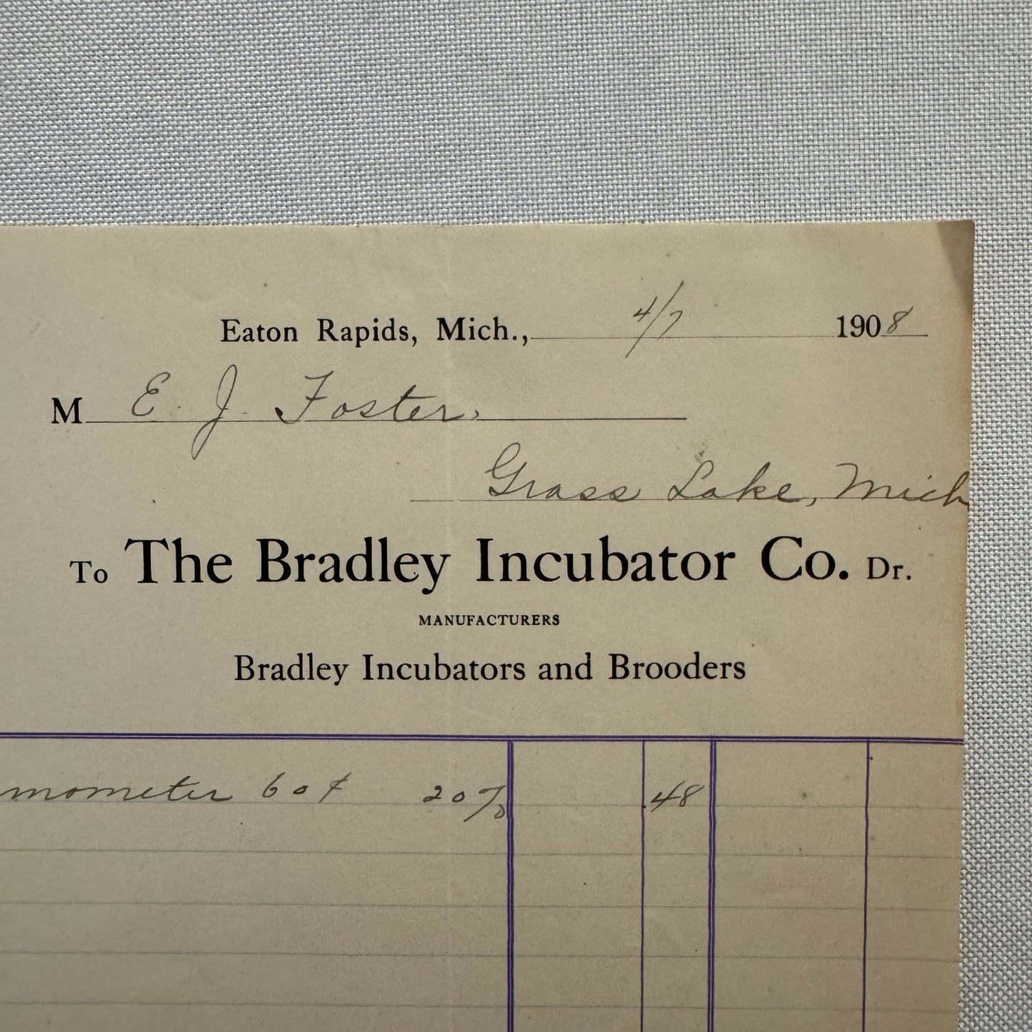 The Bradley Inubator Company Letterhead Invoice Document 1908 Eaton Rapids MI