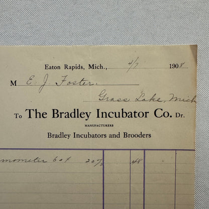 The Bradley Inubator Company Letterhead Invoice Document 1908 Eaton Rapids MI