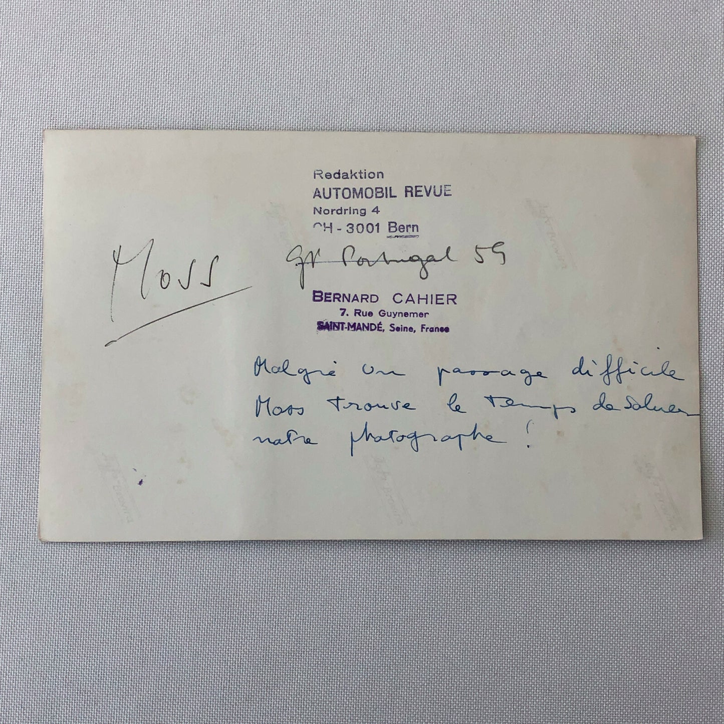 Vintage Sitrling Moss Racing Photo Photograph Bernard CAHIER