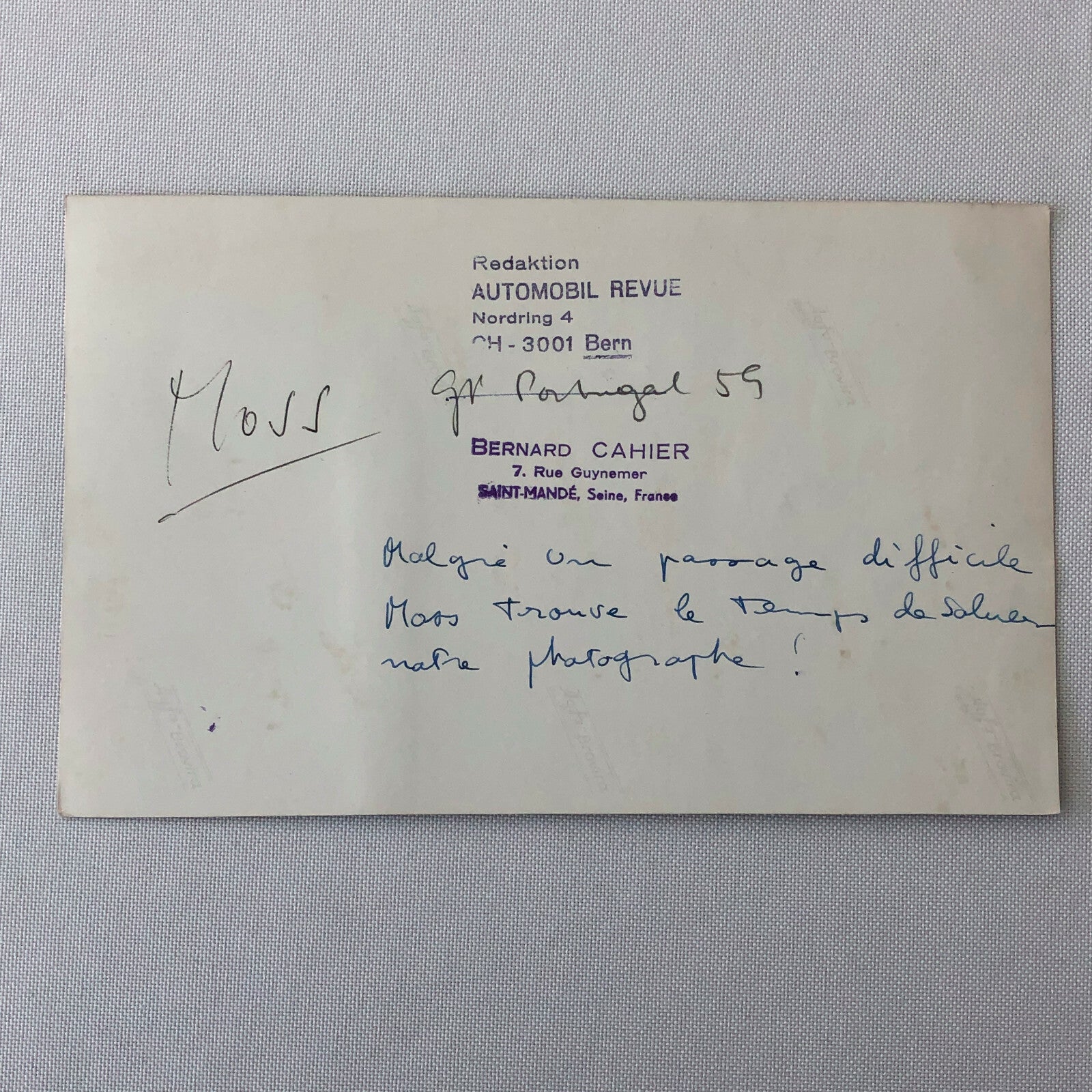 Vintage Sitrling Moss Racing Photo Photograph Bernard CAHIER