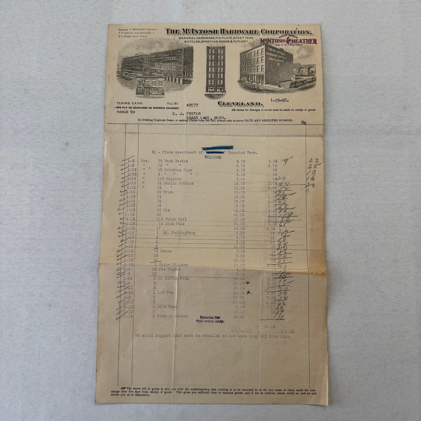 McIntosh Hardware Corporation Cleveland 1908 Receipt Invoice Document Antique