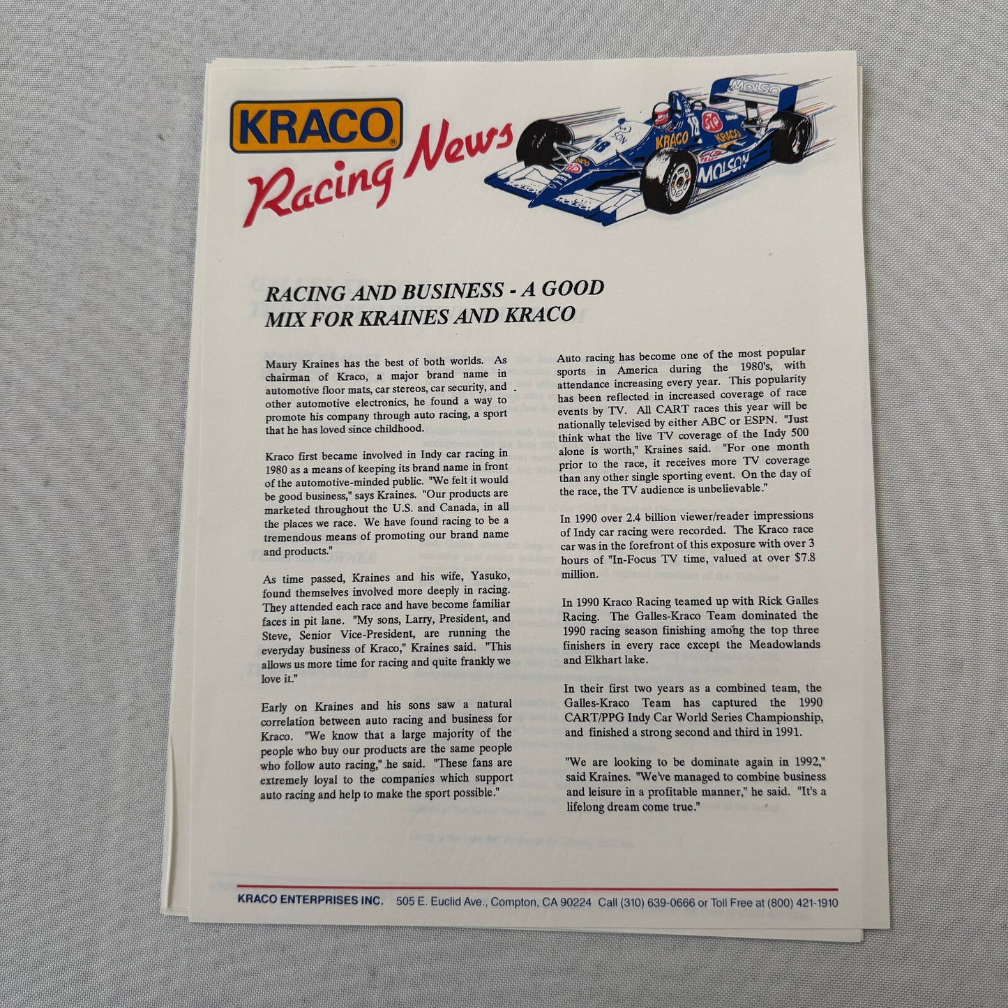 1992 Danny Sullivan Kraco Indy Car Racing Press Kit Brochure Photos Galmer Chevy