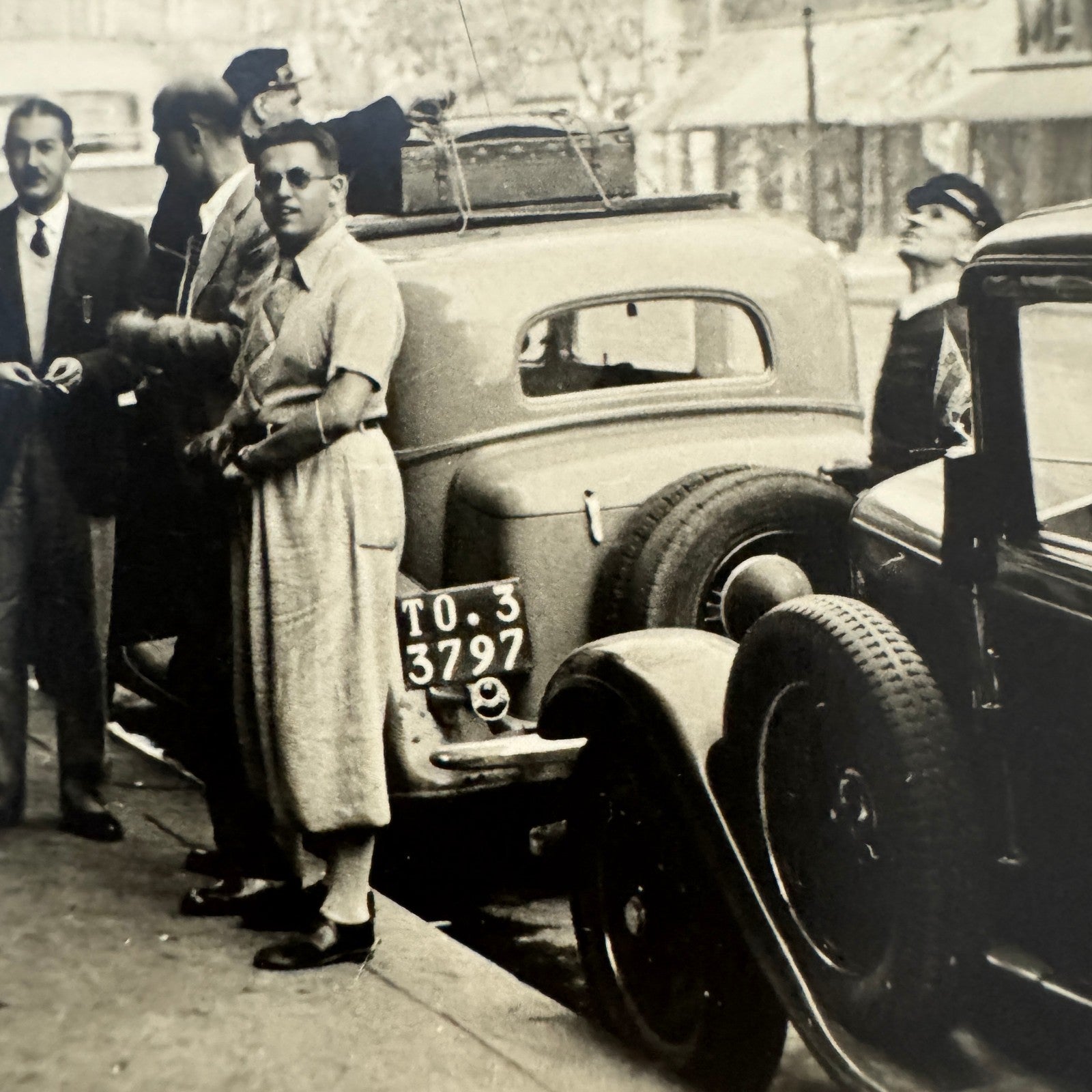 Vintage Photograph Photo Print People with Car Automobile Street Scene European
