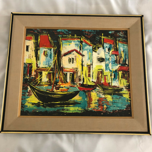 Vintage Mid Century Art Painting Boats Ships Houses Bright Colors Stunning Work 