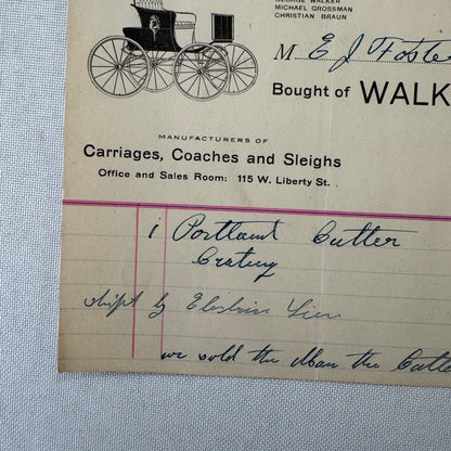 Walker and Company Receipt Letterhead Document 1908 Carriage Sleigh Ann Arbor MI
