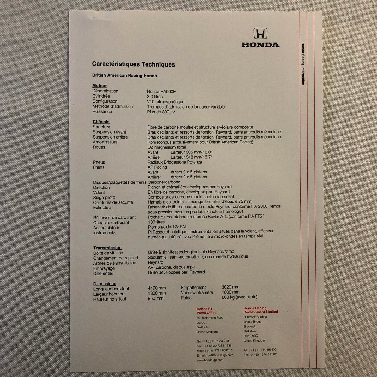 2000 Honda Formula 1 F1 Racing Press Kit Jacques Villeneuve Ricardo Zonta FRENCH