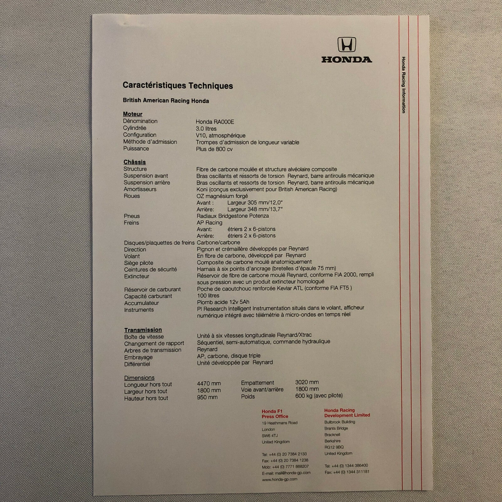 2000 Honda Formula 1 F1 Racing Press Kit Jacques Villeneuve Ricardo Zonta FRENCH