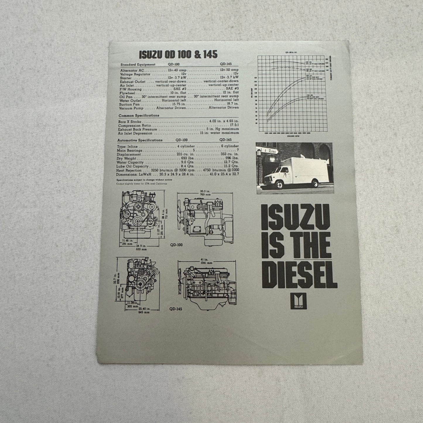 Isuzu Diesel Engine Sales Sheet Brochure Vintage Motorhome RV Camper Truck QD