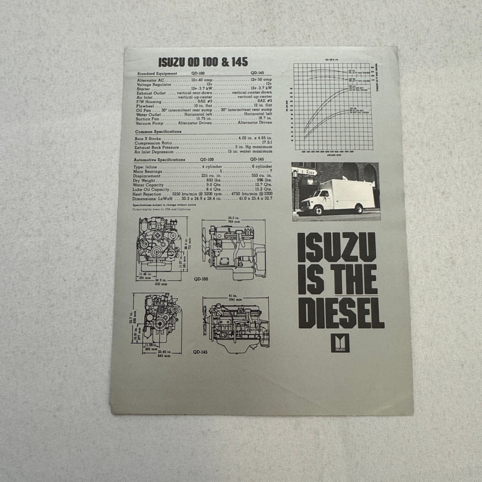 Isuzu Diesel Engine Sales Sheet Brochure Vintage Motorhome RV Camper Truck QD