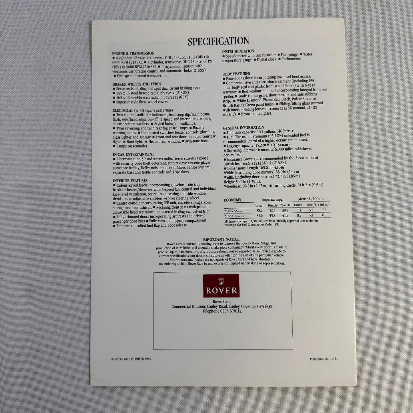 Rover 200 SX Car Sales Brochure Catalog Advertising Vintage Rover 200SX