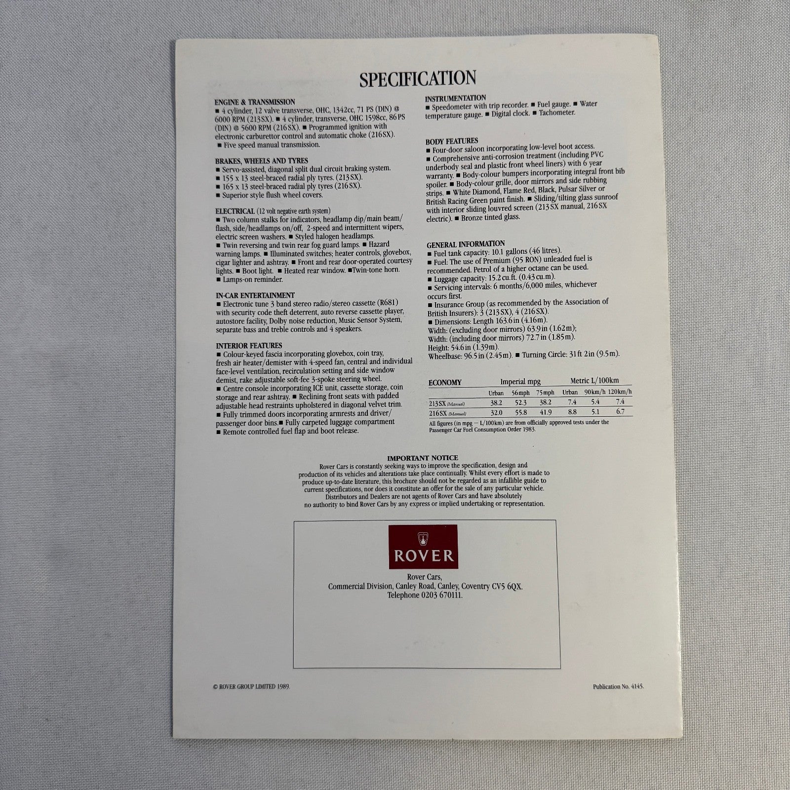 Rover 200 SX Car Sales Brochure Catalog Advertising Vintage Rover 200SX