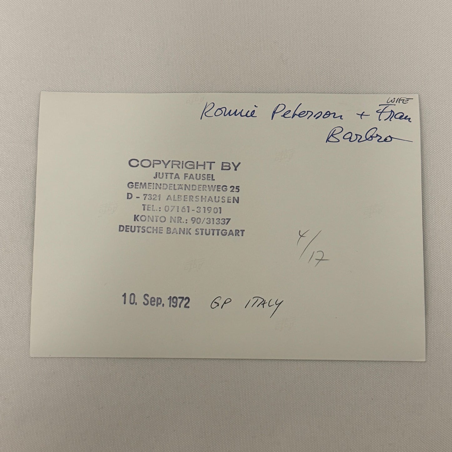 Vintage Racing Photo 1972 Italian Grand Prix Race Ronnie Peterson Wife Fran