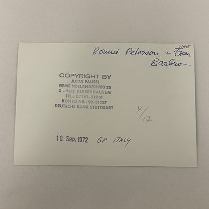 Vintage Racing Photo 1972 Italian Grand Prix Race Ronnie Peterson Wife Fran