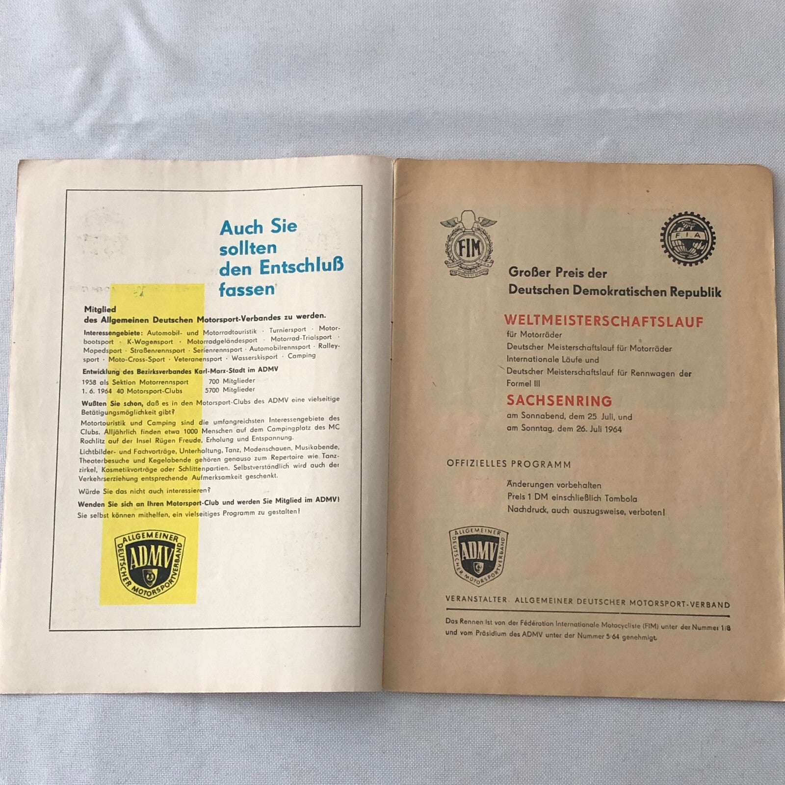 1964 Sachsenring Motorcycle Racing Grand Prix Race Program Book German
