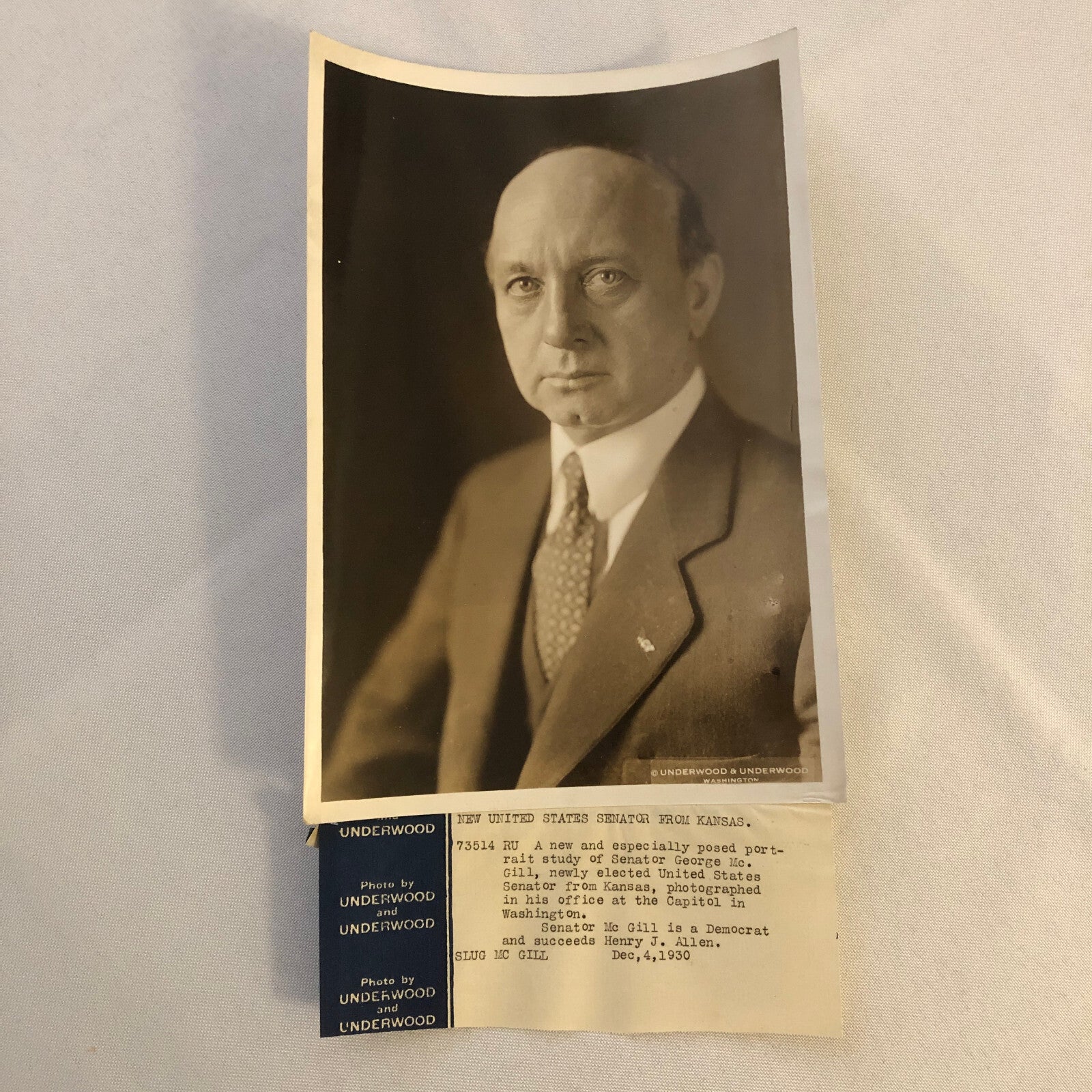 Press Photo Photograph Senator Senator George McGill Kansas 1930 Underwood Photo