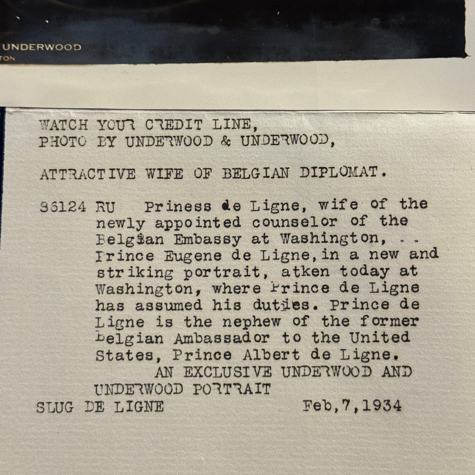 1934 Press Photo Photograph Wife of Belgian Diplomat Eugene de Ligne Fashion