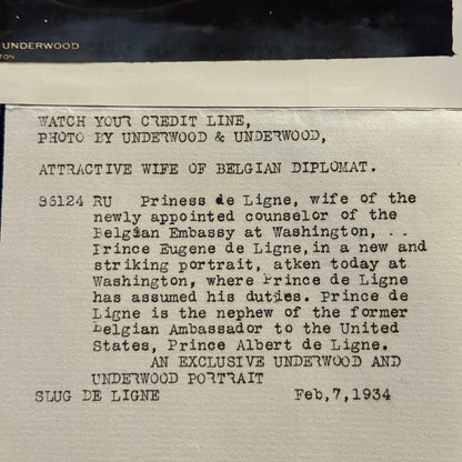 1934 Press Photo Photograph Wife of Belgian Diplomat Eugene de Ligne Fashion