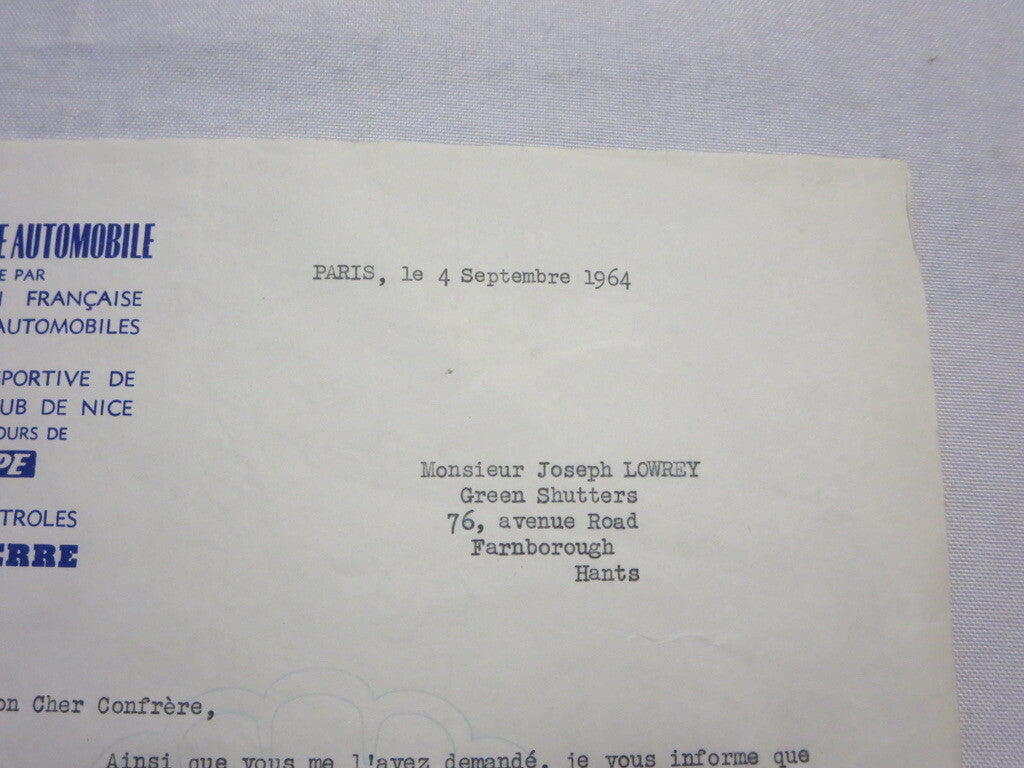 1964 Tour de France Automobile Car Racing Letter on Letterhead - Joseph Lowrey 