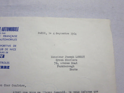 1964 Tour de France Automobile Car Racing Letter on Letterhead - Joseph Lowrey 