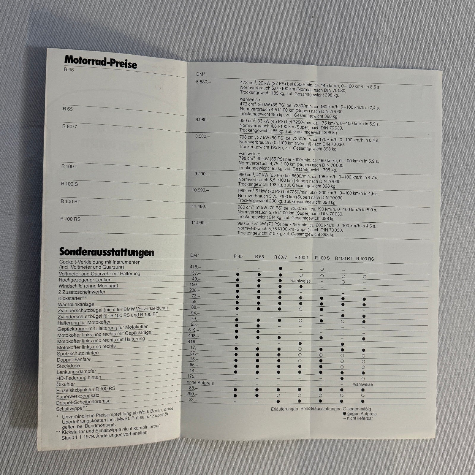1979 BMW Motorcycle Price and Options Brochure Catalog R65 R100 R80 R45 GERMAN