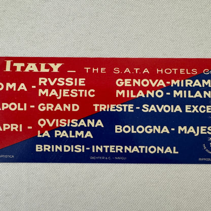 Vintage Hotel Travel Label Italy Italian SATA Hotels Company Rome Naples Capri