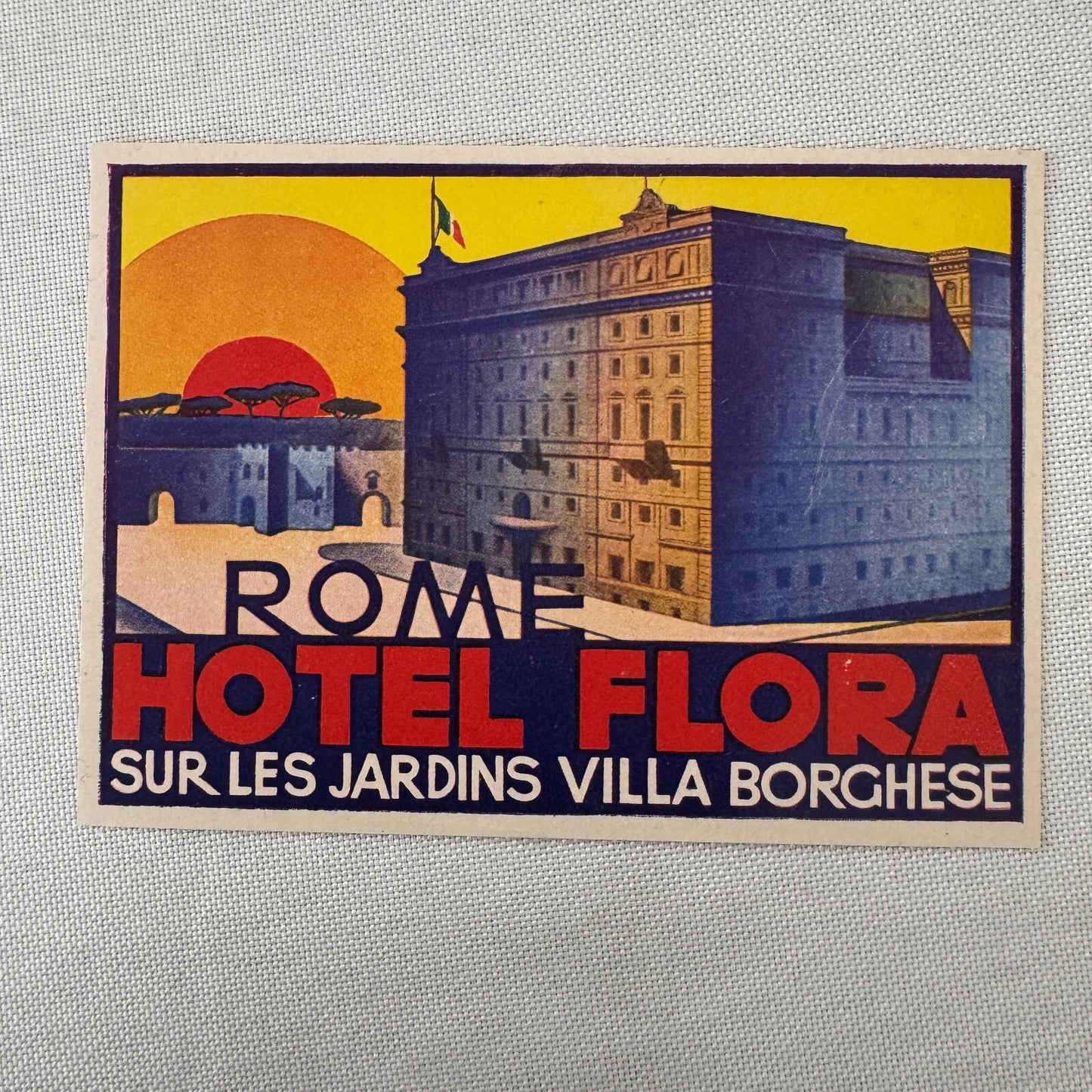 Vintage Hotel Travel Luggage Label Hotel Flora Rome Italy Villa Borghese Italian