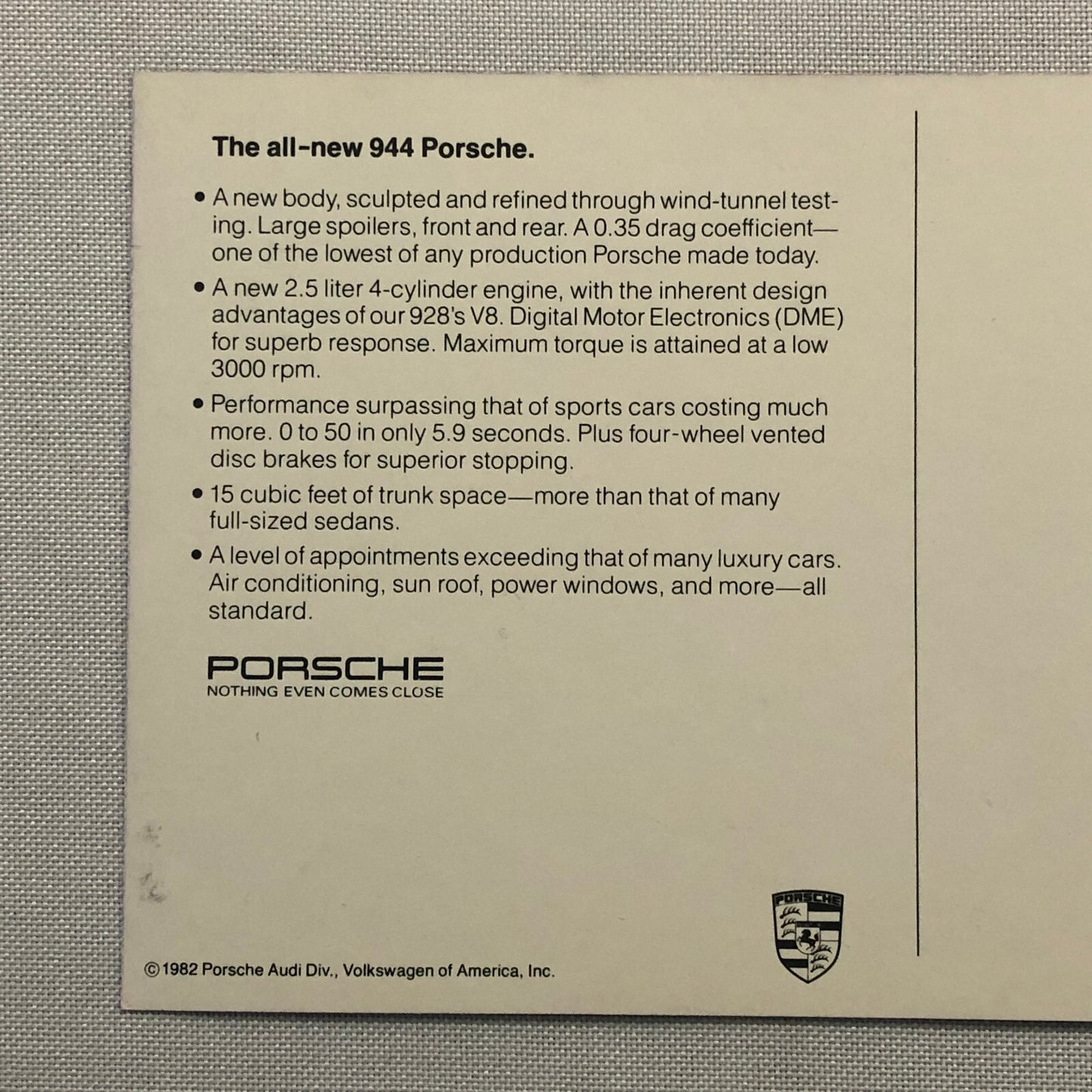 1982 Porsche 944 Advertising Postcard Post Card Vintage