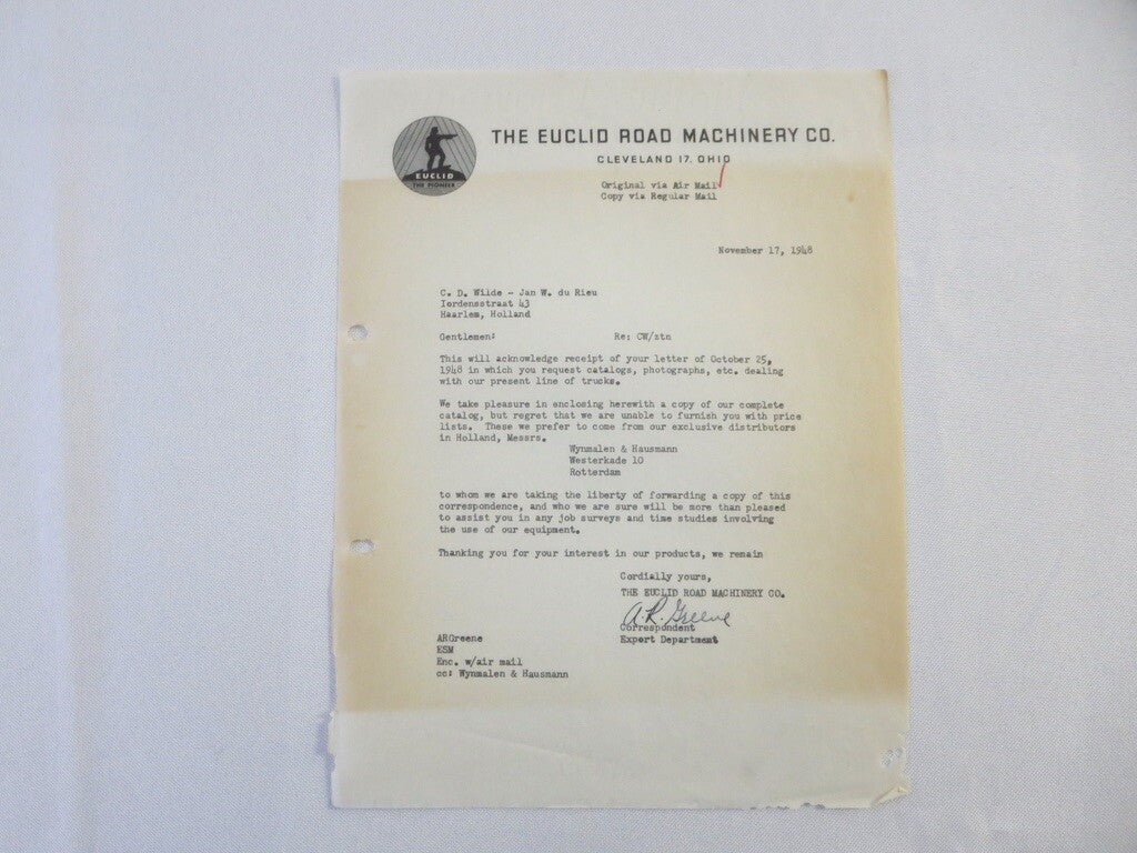 1948 Euclid Road Machinery Company Letter Letterhead Truck + 