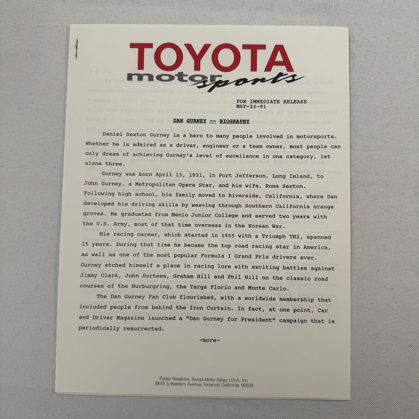 1991 Toyota Motorsport Racing Press Kit Dan Gurney Willy T Ribbs Fangio II