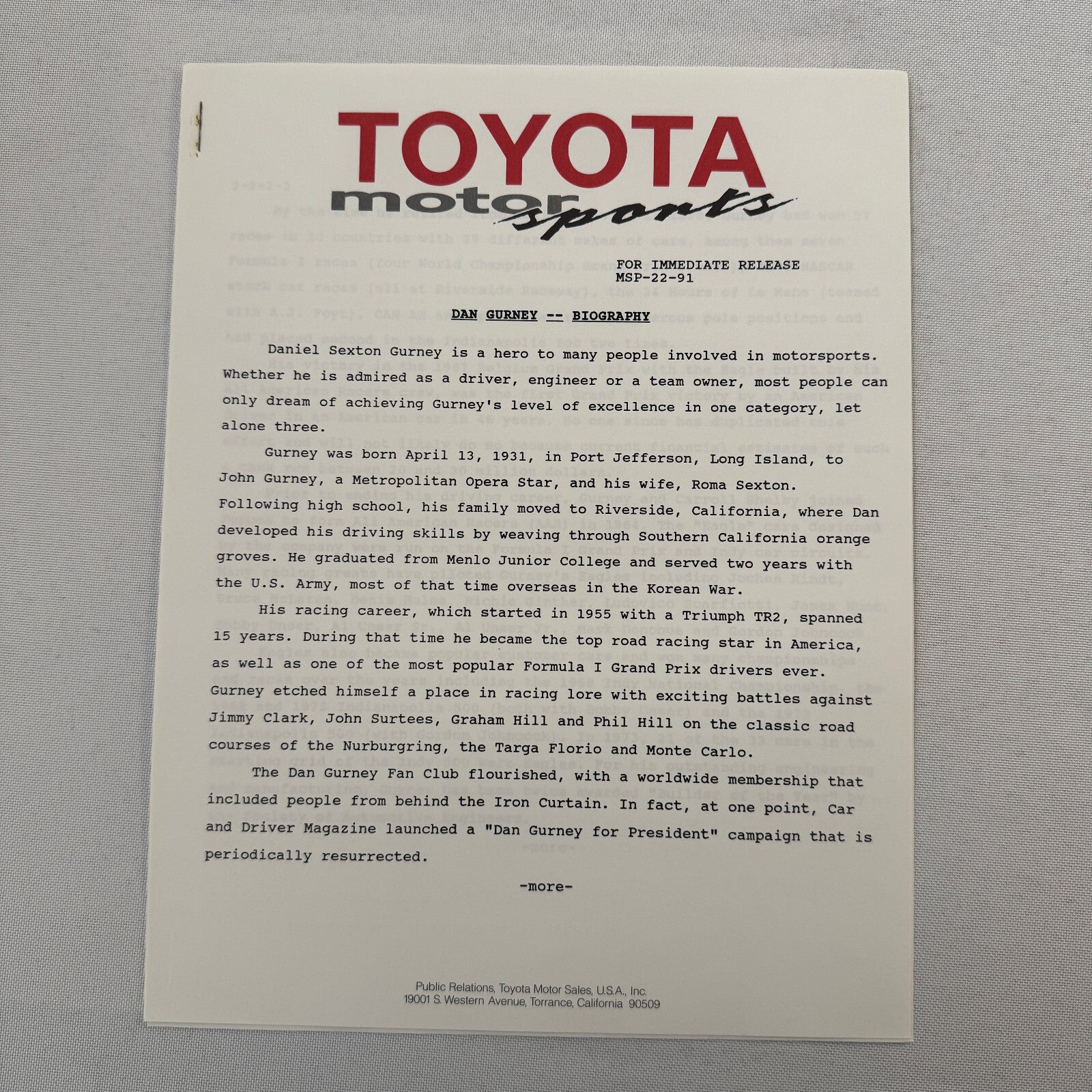1991 Toyota Motorsport Racing Press Kit Dan Gurney Willy T Ribbs Fangio II