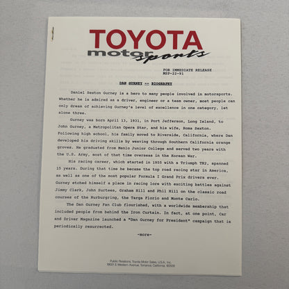 1991 Toyota Motorsport Racing Press Kit Dan Gurney Willy T Ribbs Fangio II