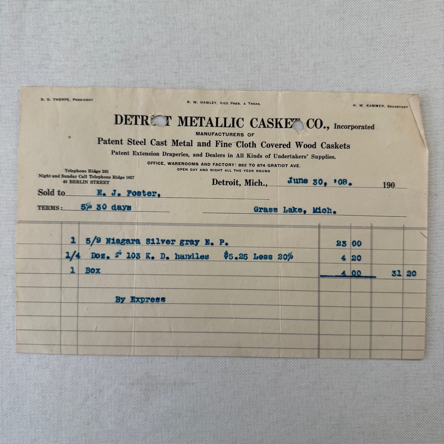Detroit Metallic Casket Company 1908 Invoice Receipt Document Lot 3x Funeral