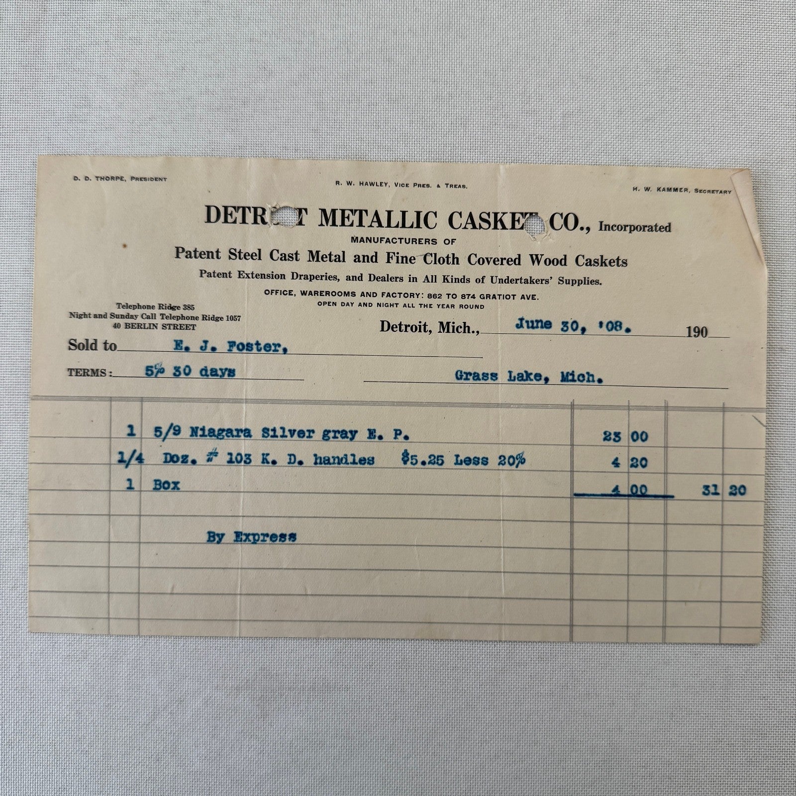 Detroit Metallic Casket Company 1908 Invoice Receipt Document Lot 3x Funeral