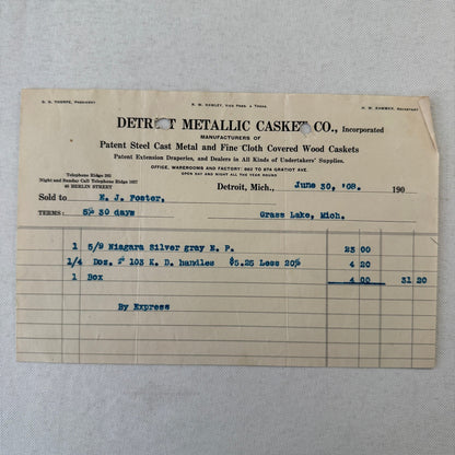 Detroit Metallic Casket Company 1908 Invoice Receipt Document Lot 3x Funeral