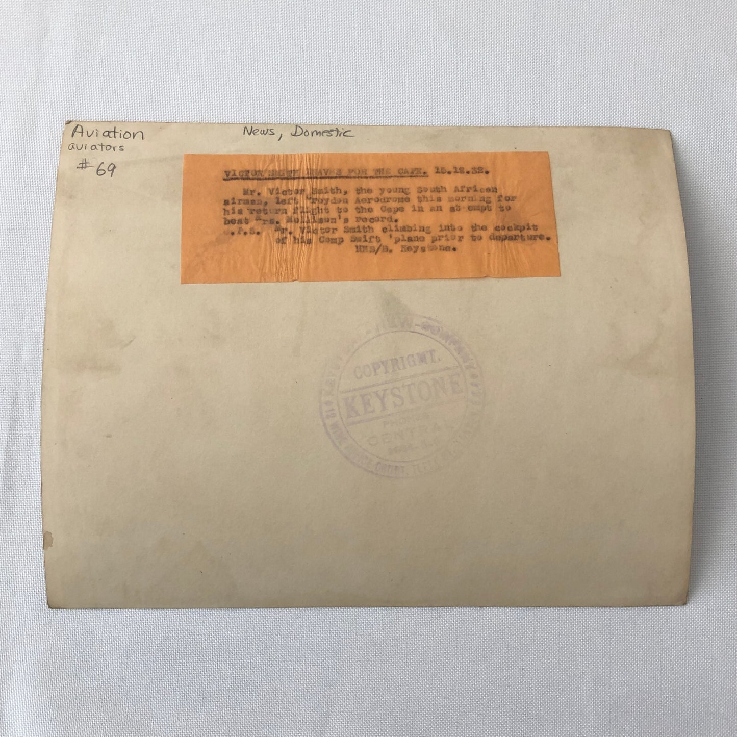 Press Photo Photograph South African Aviator Pilot Victor Smith Record Keystone