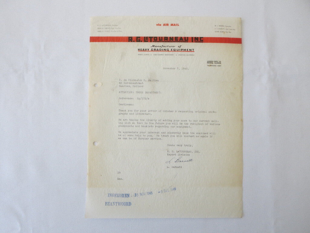 1945 RG Letourneau Inc Heavy Grading Equipment Letter Letterhead Document 