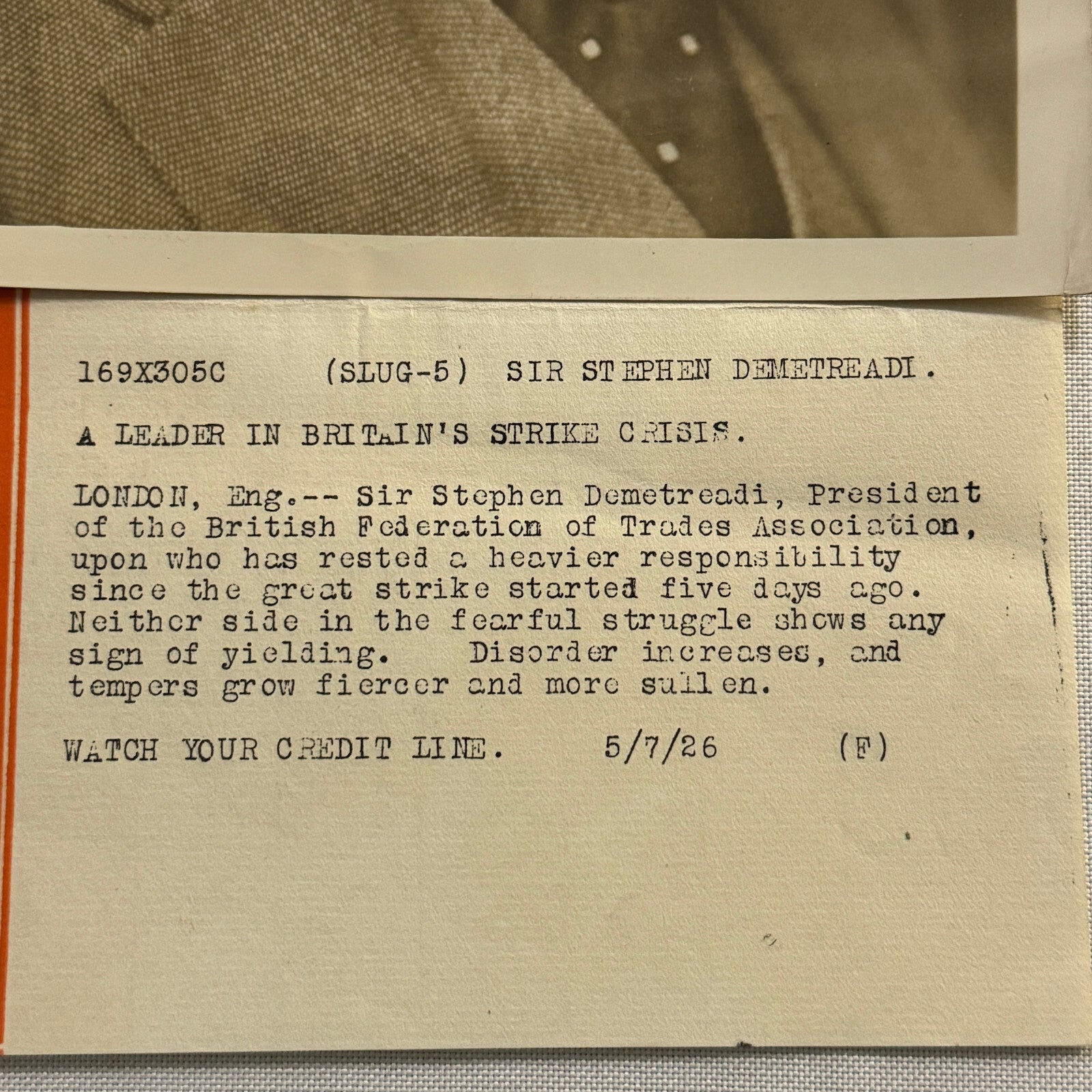 1926 British Labour Strike Press Photo Photograph British Federation of Trades