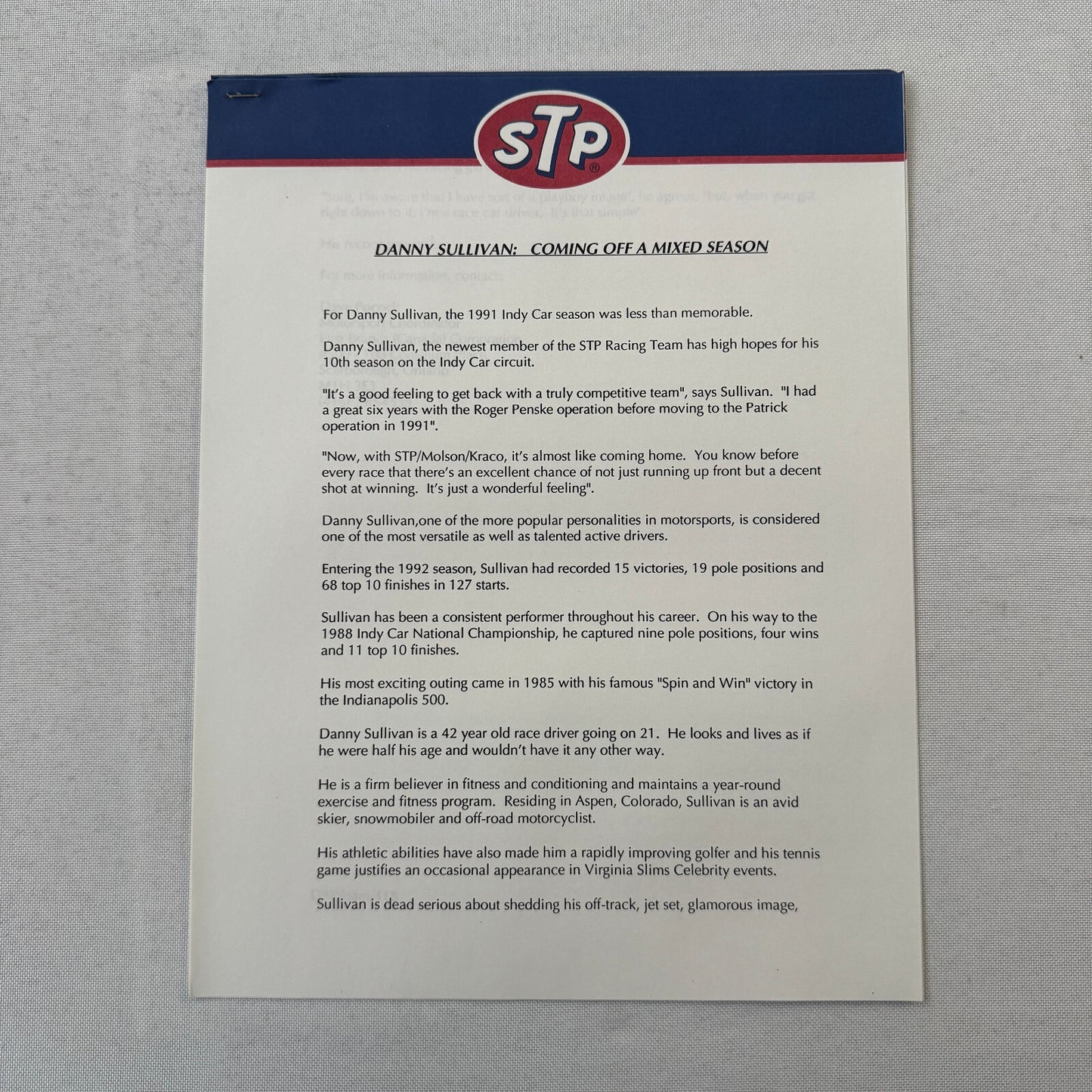 1992 STP Racing Press Kit Brochure Photos Bryan Herta Richard Petty Vintage