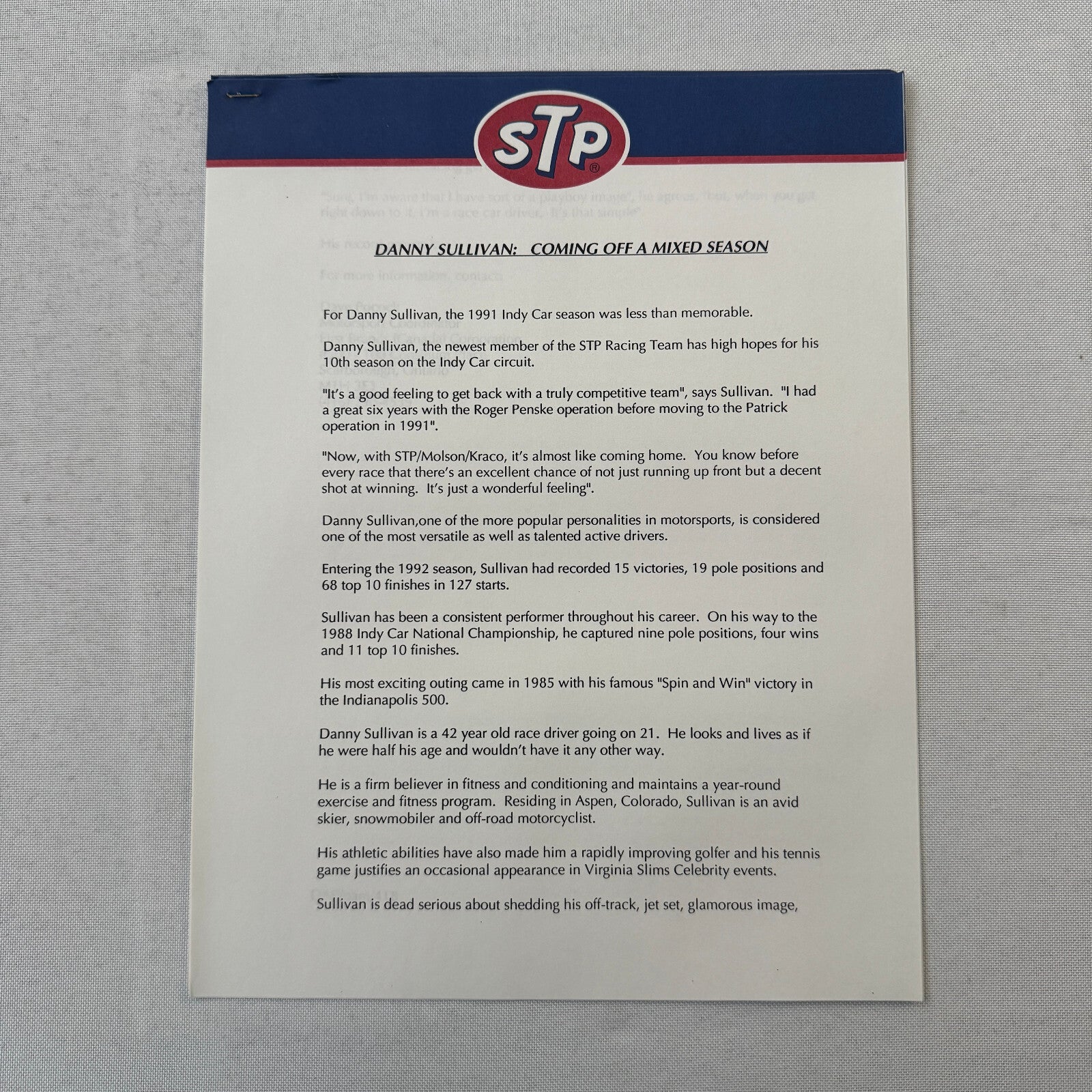 1992 STP Racing Press Kit Brochure Photos Bryan Herta Richard Petty Vintage