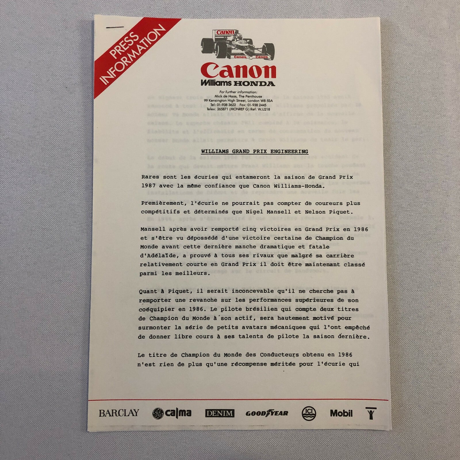 1987 Honda Williams F1 Racing Press Release Lot Nelson Piquet Mansell FRENCH