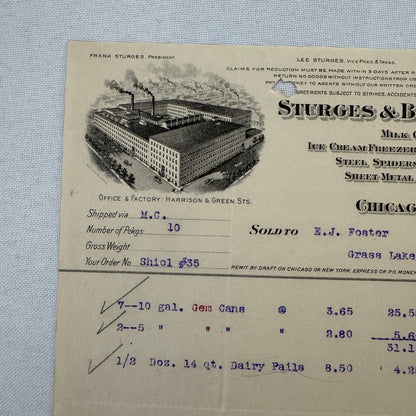 Sturges & Burn Manufacturing Company Chicago 1908 Invoice Document Lot 2x Cans