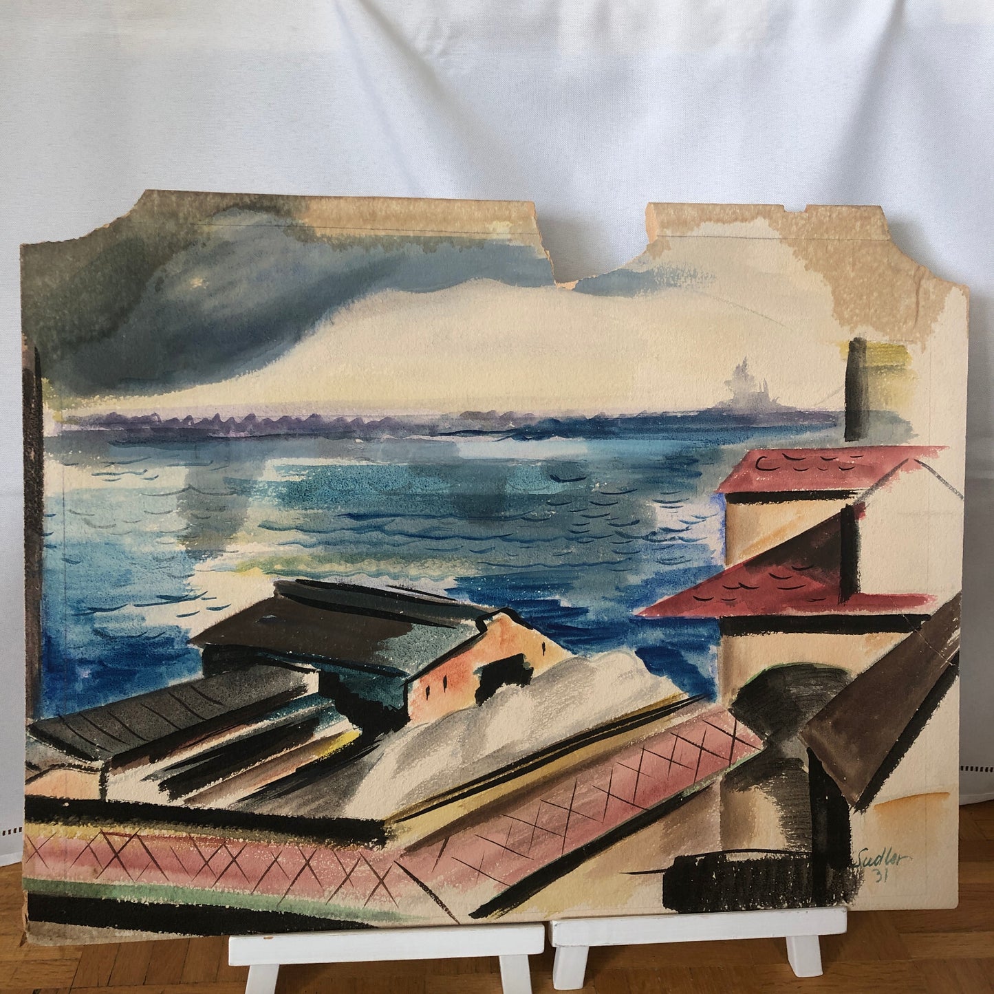 Vintage Painting Art Artwork Artist Arthur E Sudler Water Buildings 1931