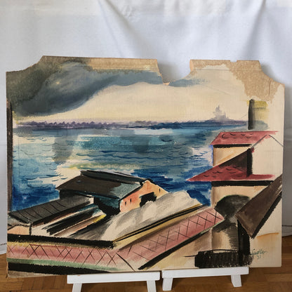 Vintage Painting Art Artwork Artist Arthur E Sudler Water Buildings 1931