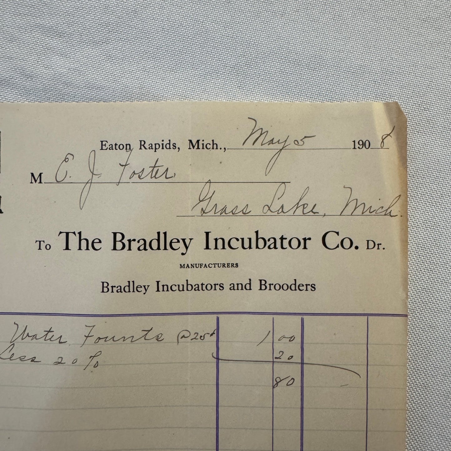 1908 Bradley Incubator Company Eaton Rapids Michigan Invoice Document Antique