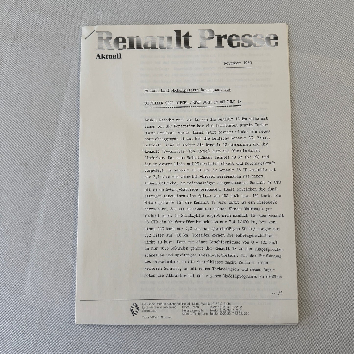 Renault 18 Diesel Car Factory Press Kit Renault 18 TD GTD GERMAN Text 1980 1981