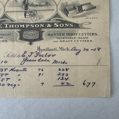 OE Thompson Receipt Letterhead Document Ypsilanti Michigan 1908 Wheelbarrow Tool
