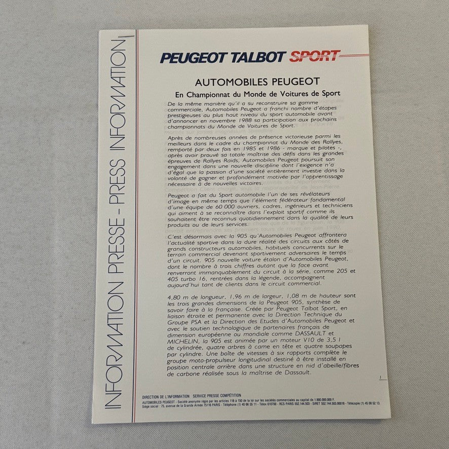 1990 Peugeot 905 Talbot Racing Press Kit Brochure Slides JP Jabouille FRENCH